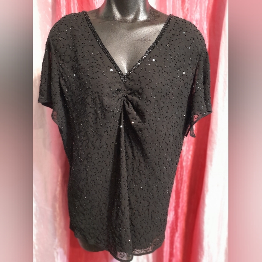 Studio 1940 Black Embellished Tie  Short Sleeve Blouse